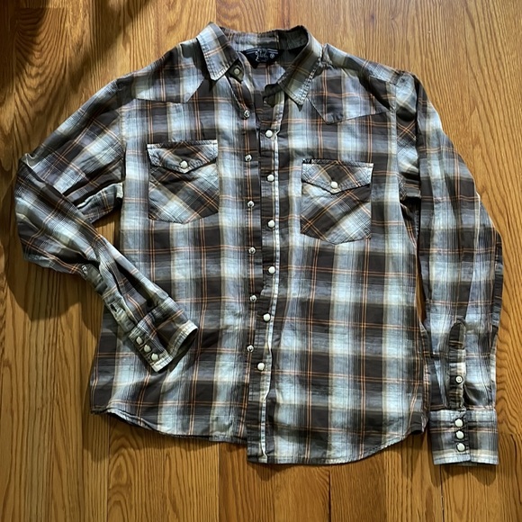 Vintage Plaid Long Sleeve Button Down Brown Top - Picture 2 of 3